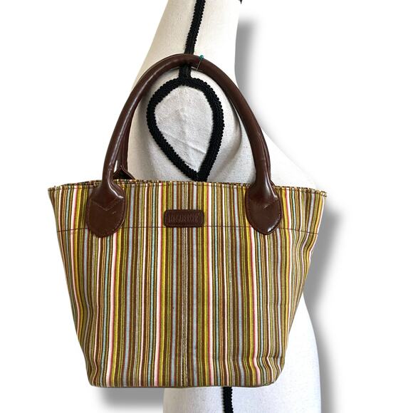 Longaberger Small Tote Bag Purse Multi Stripe Canvas Double Handle Casual Travel - Picture 3 of 14